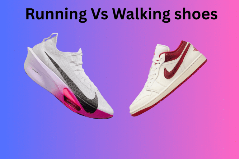Running shoes vs walking shoes comparison showing difference in heel height and design.