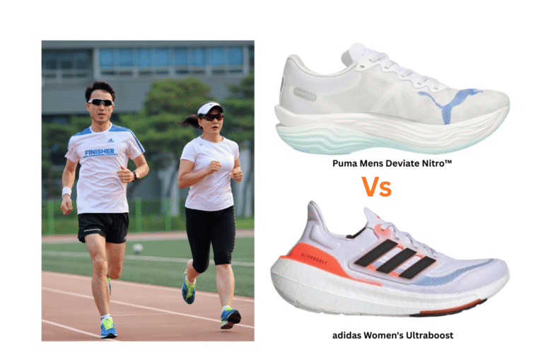 “Side-by-side Puma Deviate Nitro Elite and Adidas Ultraboost 23 running shoes showing cushioning differences”