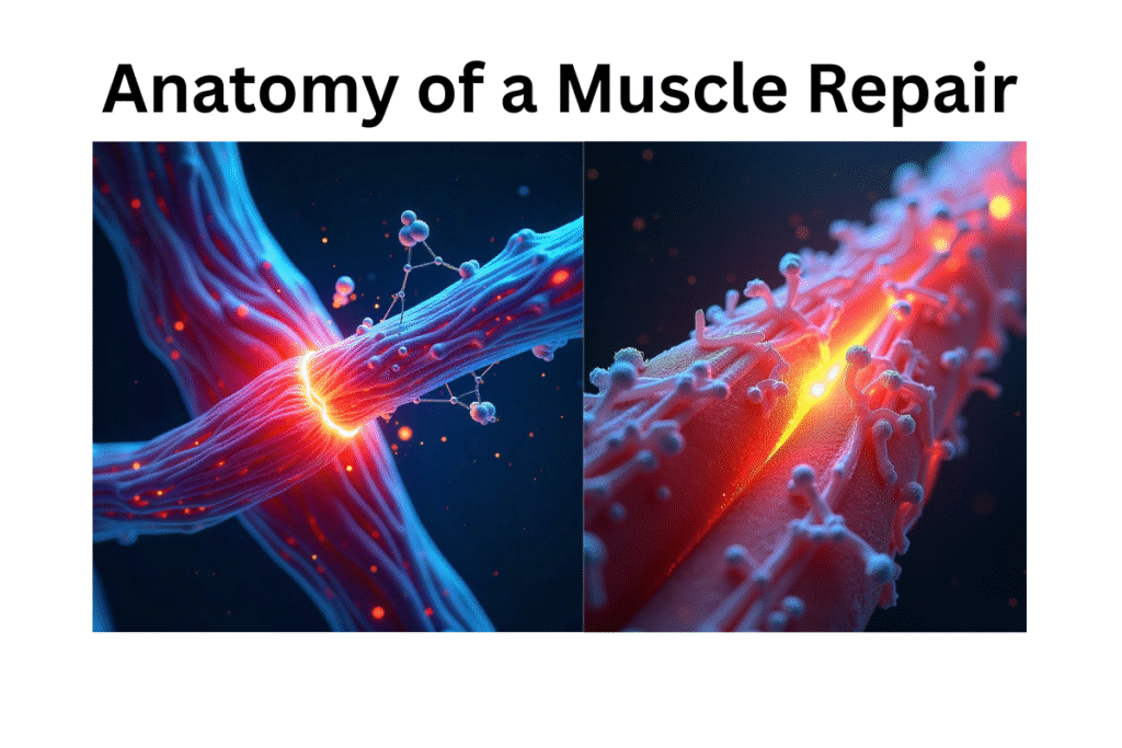 Protein Supplements for Runners: Do You Need Them? I Conceptual diagram showing how protein acts as a building block to repair damaged muscle fibers after running.