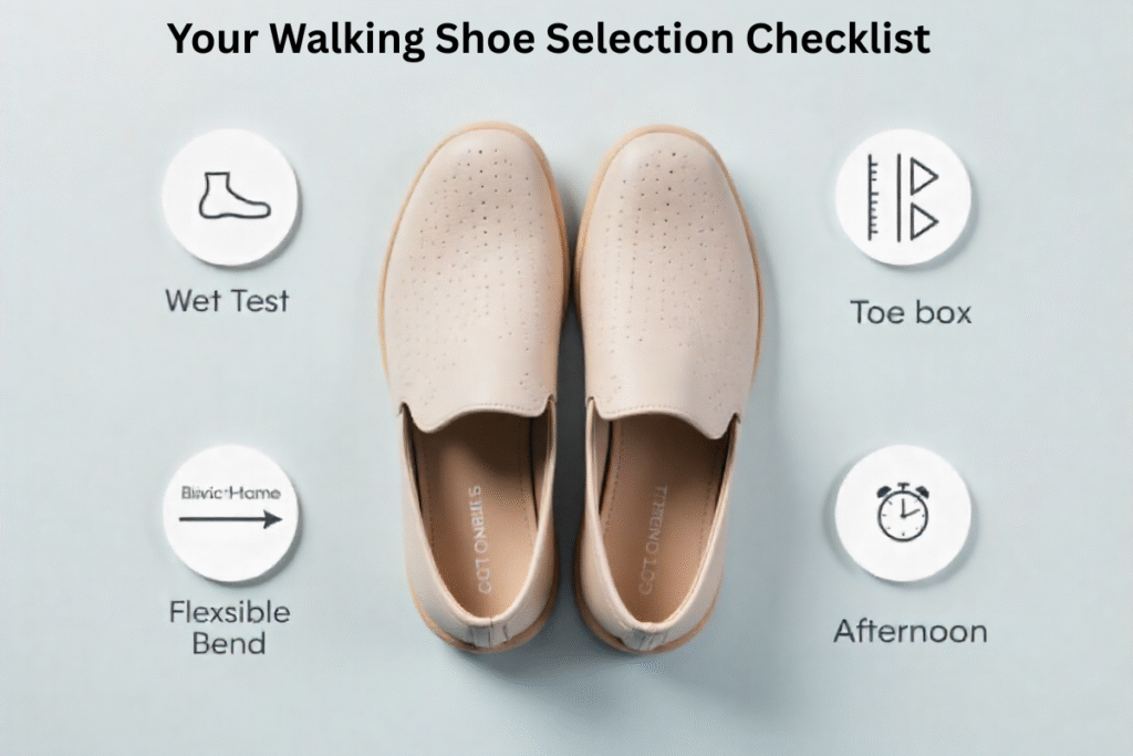 A flat lay composition showing key factors for choosing the right walking shoes for everyday comfort: fit, flexibility, and toe box space