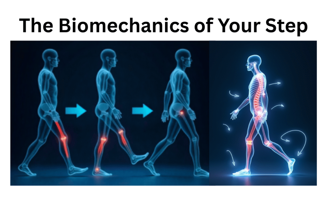 Benefits of walking I medical illustration showing the muscles and biomechanics involved in the science of walking.