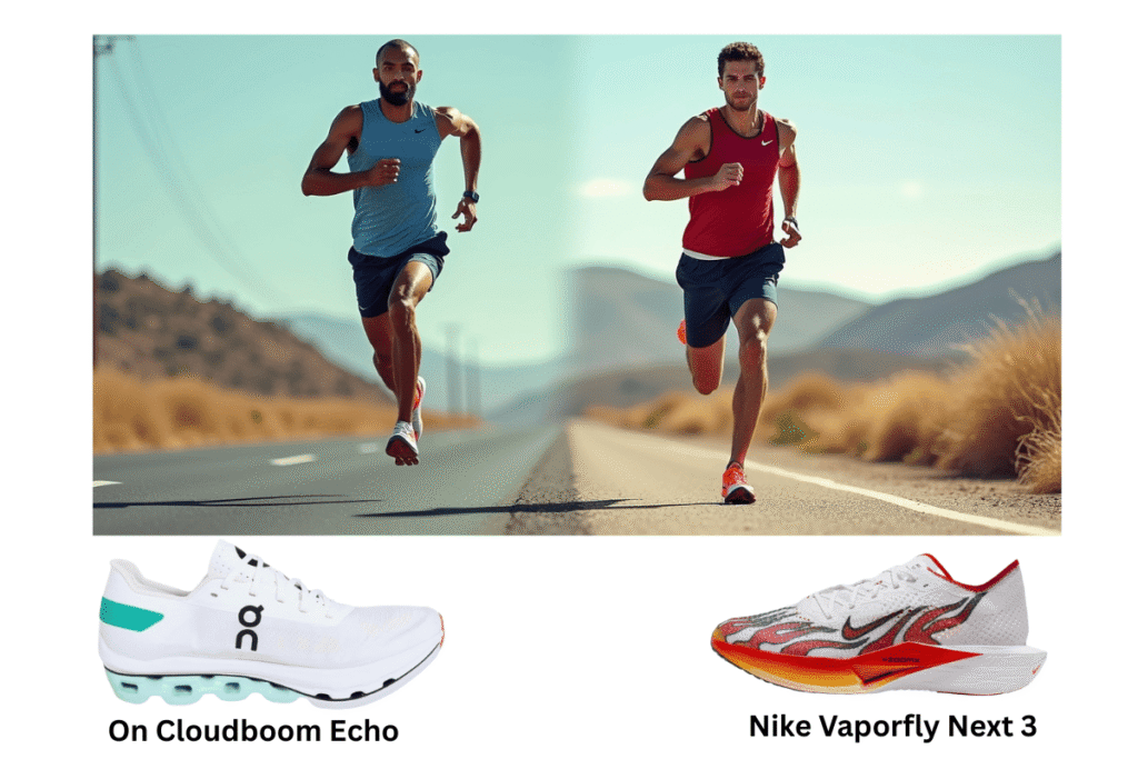 On Run vs Nike Running Shoes (2025): I “ Side-by-side action shot of runners wearing On Cloudboom Echo and Nike Vaporfly Next% 3, showing mid-stride foot support and propulsion on the road.