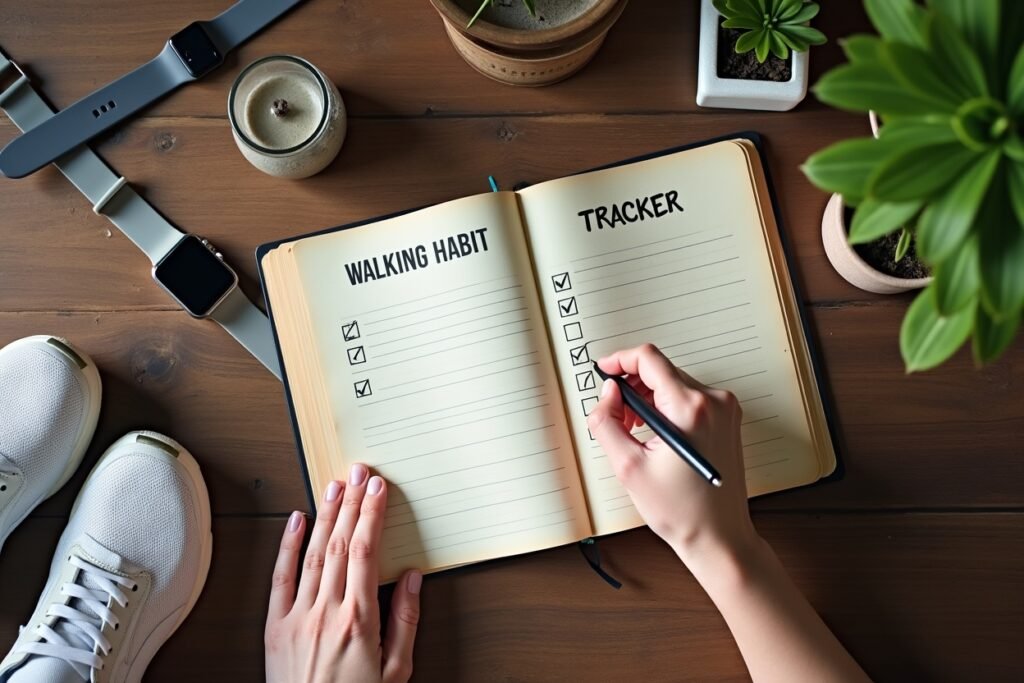 A habit tracker and walking shoes, symbolizing the tools for building a consistent walking routine