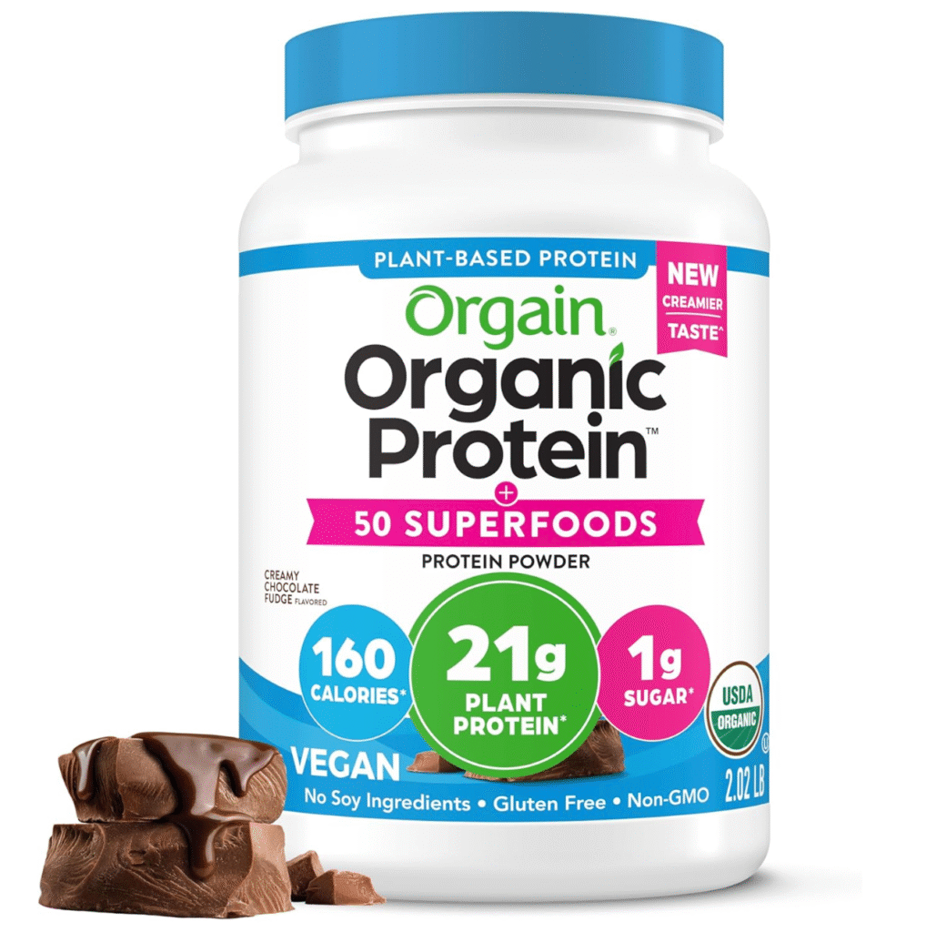 Orgain Organic Vegan Protein + 50 Superfoods Powder, Creamy Chocolate Fudge - 21g Plant Based Protein, 9g Prebiotic Fiber, No Lactose, Gluten Free, No Added Sugar, 2.02 lb