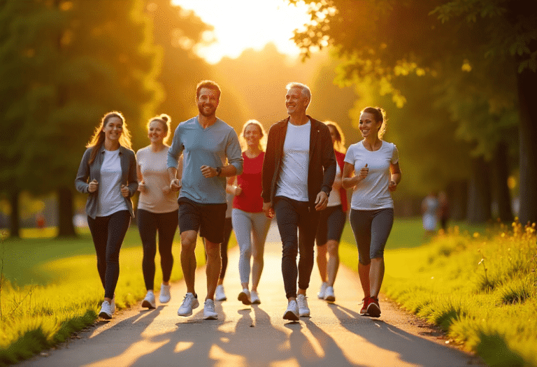 A group of friends enjoying a walk in the park, showcasing the social and health benefits of walking
