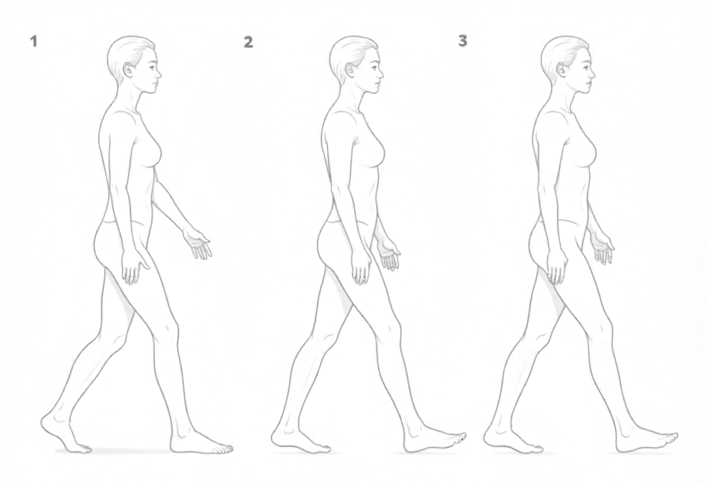 Line art illustrations demonstrating the proper technique for walking for health.