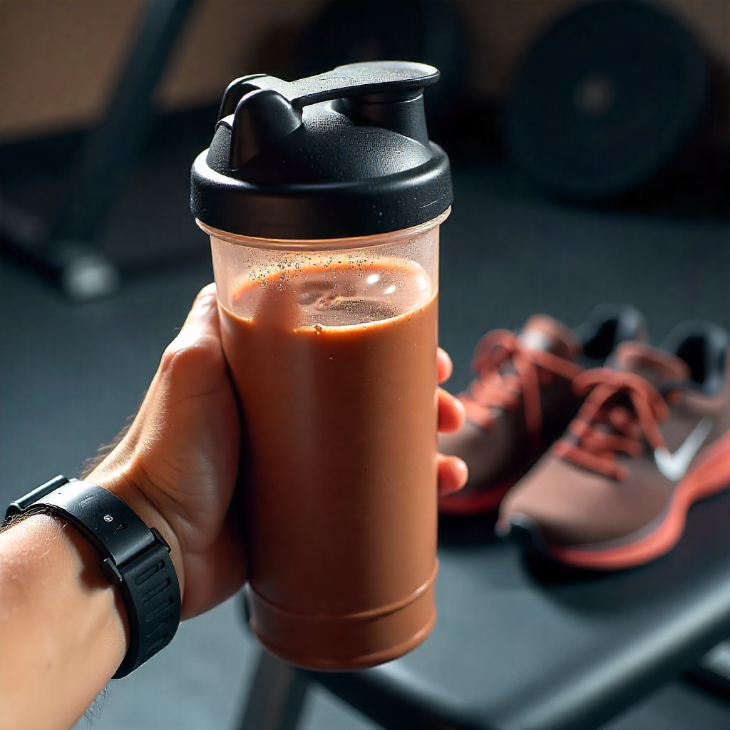 A runner enjoys a chocolate protein shake for recovery next to their GPS watch and running shoes.