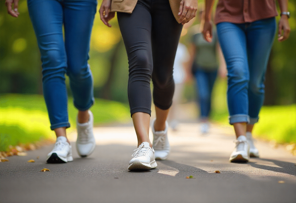 A group of friends enjoying a walk in comfortable shoes, showcasing the best walking shoes for everyday comfort.