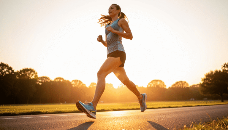 Text: A runner with proper form landing mid-foot on a paved road, wearing supportive stability running shoes.