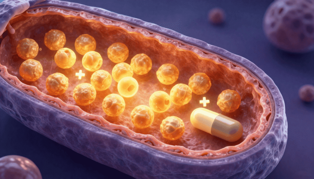 Illustration of a muscle cell with glowing NAD+ molecules and NMN supplement nearby