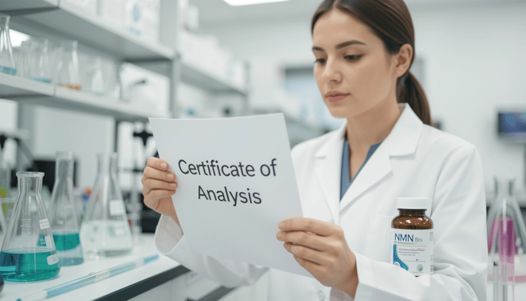 A scientist holding a Certificate of Analysis next to NMN Bio laboratory equipment