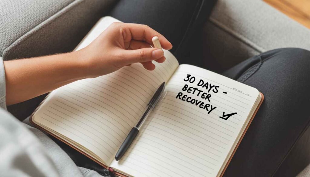 A hand holding an NMN Bio capsule over a fitness journal with a pen